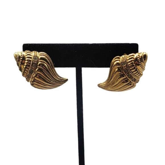 KjL Conch Shell Post Earrings Gold Tone For Avon Rhinestones Vintage 1980s - Picture 4 of 15